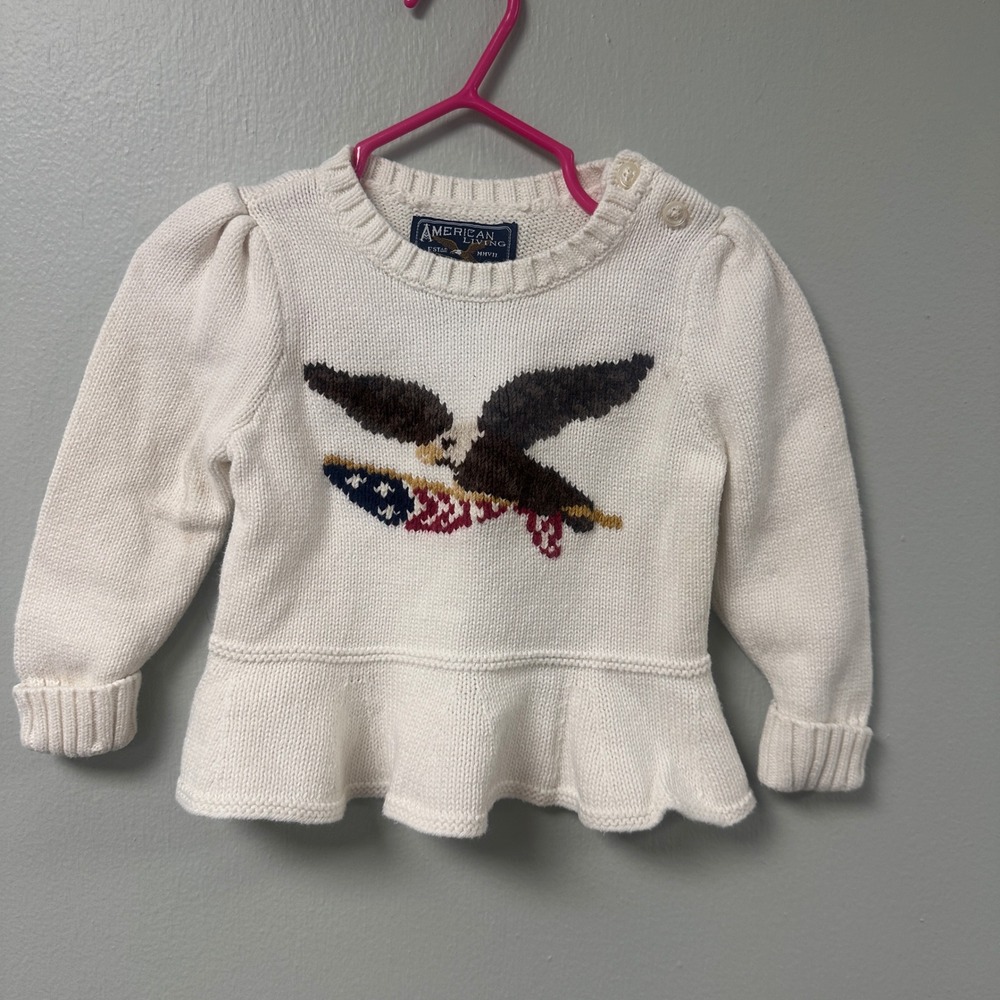 American Living Baby Girls Eagle Flag Knit Peplum Sweater Cream 12M Pullover‎